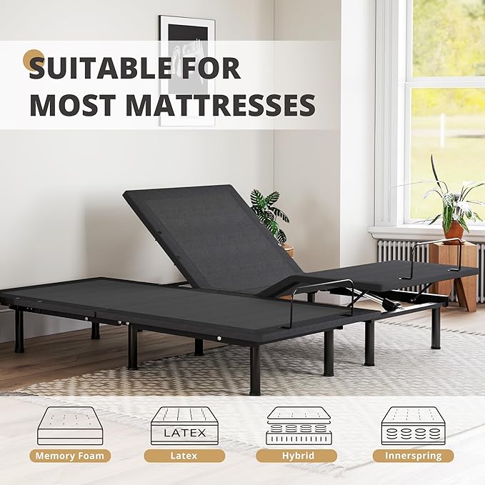 EGOHOME Split King Adjustable Bed Frame with Wireless Remote,Independent Head and Foot Incline Electric Bed Base with Adjustable Legs Massage,Zero Gravity, LED Night Lights,USB