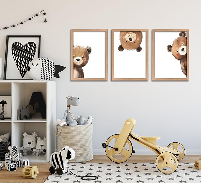 Framed Baby Bear Nursery Wall Art Peeking Bear Pictures Wall Decor Peekaboo Kids Room Decor Woodland Animal Posters Neutral Nursery Painting Canvas Print Artwork for Children's Baby Room Bedroom