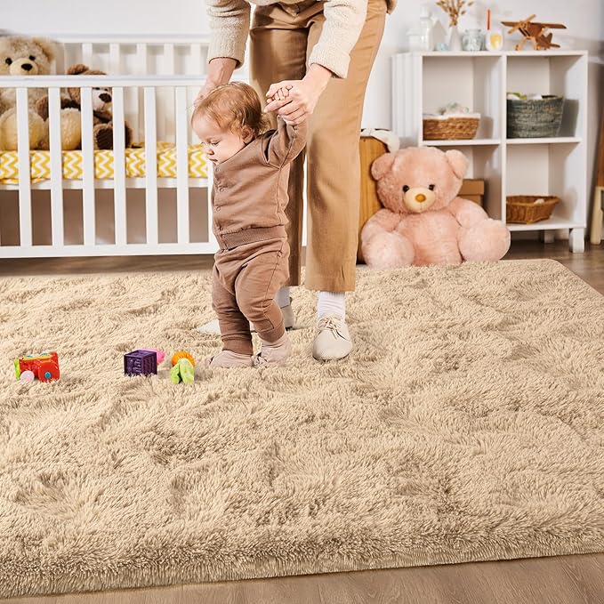Merelax Soft Modern Indoor Large Shaggy Rug for Livingroom Bedroom Dorm Kids Room Home Decor, Non-Slip Plush Fluffy Furry Fur Area Rugs Comfy Nursery Accent Floor Carpet 9x12 Feet, Light Tan