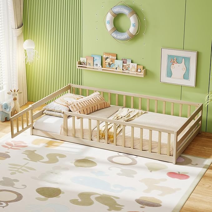KOMFOTT Twin Size Wood Floor Bed with Door & Fence, Montessori Bed Frame with Full Length Safety Guardrails, Door & Latch, Wooden Montessori Floor Bed for Kids, Girls, Boys (Natural, Twin)