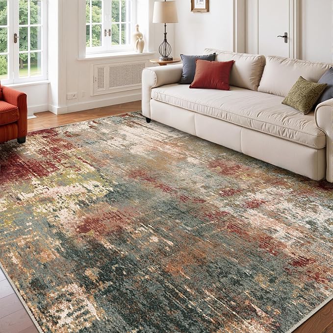Washable Area Rugs 9'x12' Non-Slip Modern Abstract Soft for Living Room Entryway Bedroom Nursery, Print Pattern, Brown Rust Red Multi