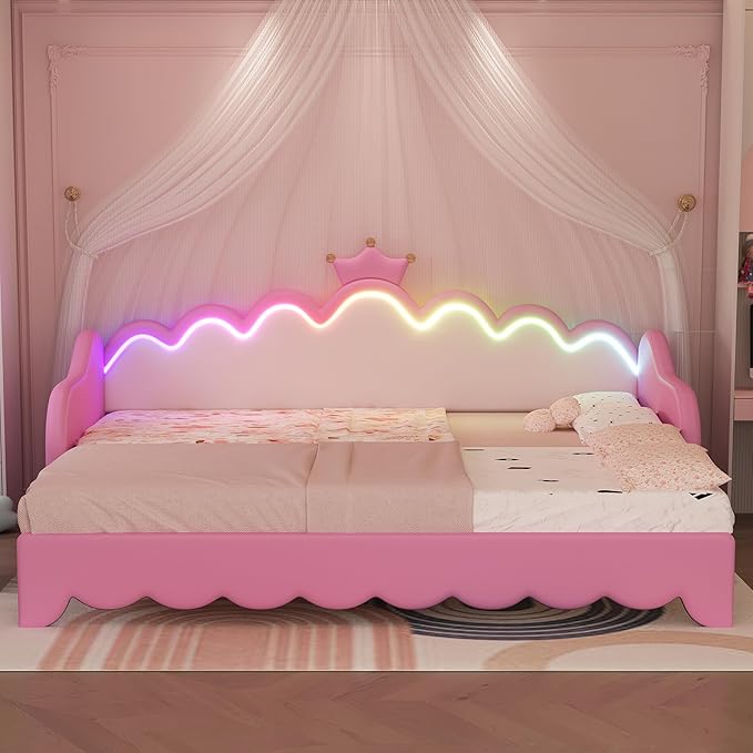 Twin Size Princess Extending Daybed with LED Lights for Kids Girls, Modern Upholstered Princess Daybed Frame with Crown Headboard, Pink Sleeper Sofa Bed for Bedroom, Guest, Study Room (Pink)