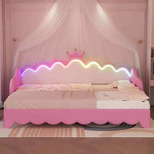Twin Size Princess Extending Daybed with LED Lights for Kids Girls, Modern Upholstered Princess Daybed Frame with Crown Headboard, Pink Sleeper Sofa Bed for Bedroom, Guest, Study Room (Pink)