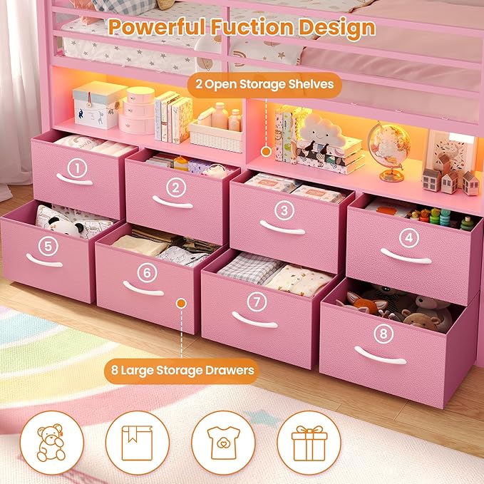 BTHFST Twin Size Loft Bed for Kids, 8 Storage Drawers & LED Lights, House Shaped Metal Bed with Bookcase, Soft Foam Ladder, 13.4" Safety Guardrail, Space Saving, Fun Curtain