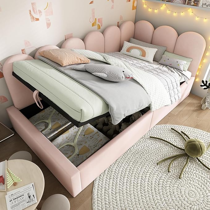 Merax Twin Size Upholstered Lift Up Sofa Day Bed with Headboard, Floor Sofa Daybed with Metal Slat Support, Lift Up Bed Frame for Kids, Boys, Girls Twin, Pink