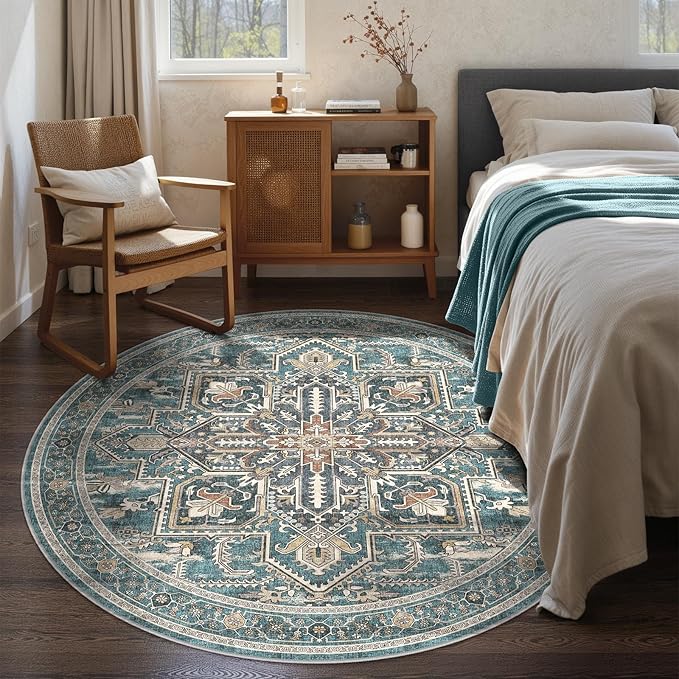 WITSHOCK 6Ft Teal Round Washable Area Rugs - Vintage Boho Distressed Oriental Farmhouse - Non Slip Low Pile Circle Carpet for Living Room Bedroom Kitchen Dining Room, Foldable Soft Pet Friendly Rug