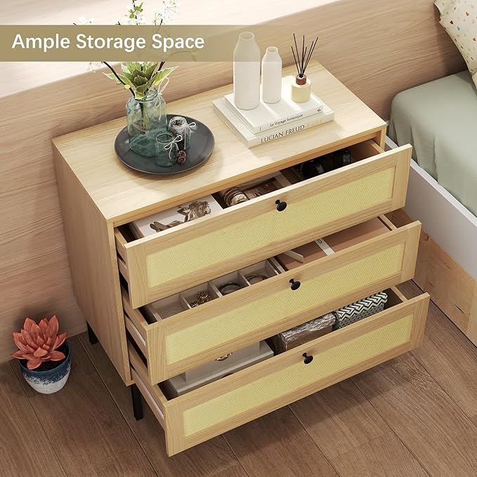 Rattan Dresser, Boho Dresser with 3 Drawers, Modern Dressers with Iron Legs, Wooden Dressers for Bedroom, Hallway, Office, Yellow
