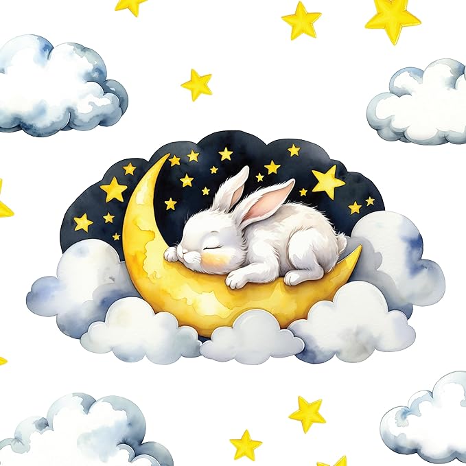 Boho Nursery Wall Decals - Dreamy Watercolor Bunny Sleeping on Cloud | Multi-Piece Set with Clouds, Moon & Stars | Removable Fabric Wall Art for Kids Room