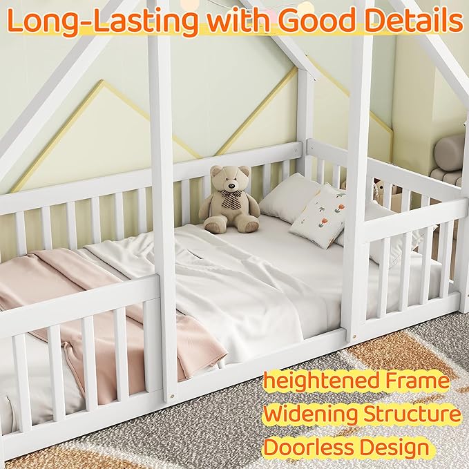 Casaphoria Twin Size House-Shaped Montessori Bedframe, Solid Pine Wood Kids Bed Frame, Toddler Floor Bed with Door & Fence for 1-3 Years Old Kids, White