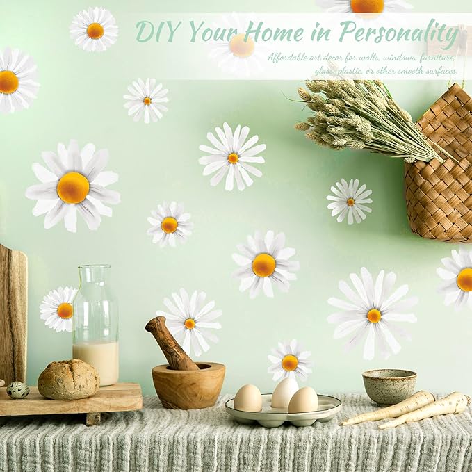 Big White Daisy Wall Decals Decor for Baby Nursery Toddler Girls Bedroom, Vinyl Floral Wall Stickers Peel and Stick, Boho Daisy Flower Wall Art Decor for Living Room Closet Cabinet