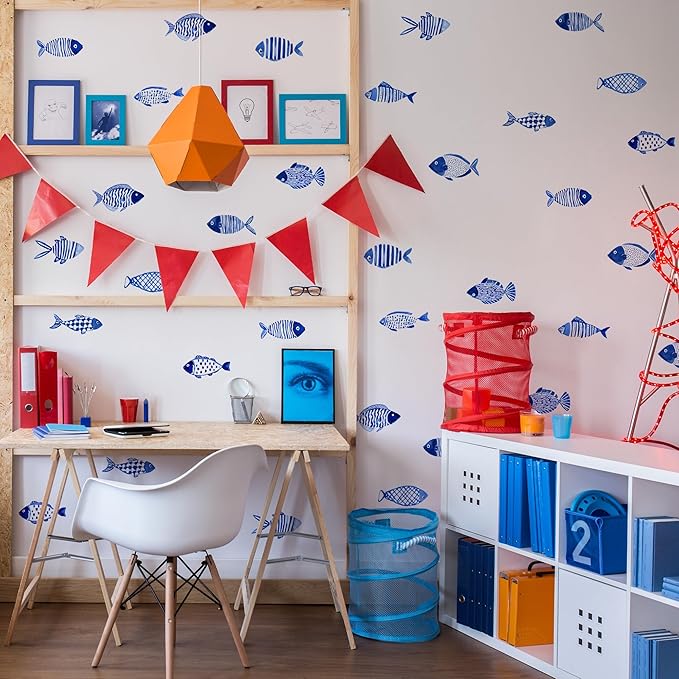 Blue Ocean Fish Wall Decals,Under The Sea Fish Wall Art Decor Stickers,Peel and Stick Ocean Vinyl Sticker for Kids Bedroom Playroom Nursery Classroom Bathroom,