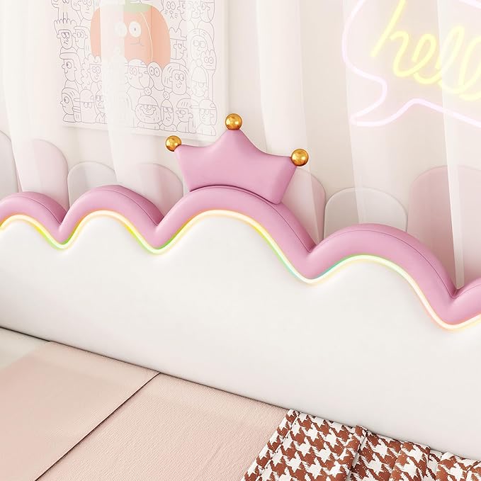 Merax Twin Size Upholstered Princess Bed Frame with Crown Headboard and Light Strips, Space-Saving Extending Daybed Pull Out Sofa Bed for Girls Teens Kids Bedroom, No Box Spring Needed, Pink