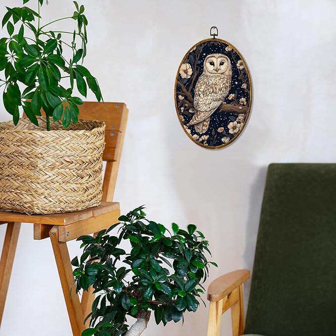 Hiuwevt Enchanted Forest Owl Oval Wall Art Decor, Mystical Whimsical Owl Framed Canvas Prints, Dark Cottagecore Animal Oval Wall Hanging Decor for Home Gallery Decorations, 8.6x11.4 Inches