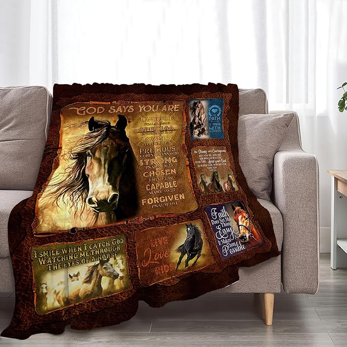 Horse Blanket Throws Horse Gifts Christian Horse Throw Blanket for Girls Women Kids Adults Soft Warm Cozy Fleece Blanket for Couch Sofa Bed 80"x60"