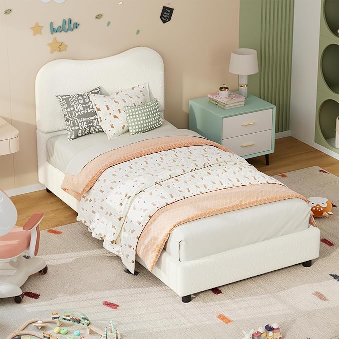 Senfot White Twin Kids Bed Frame with Upholstered Headboard, Low Profile Sturdy Platform Bed with Soft Boucle Fabric for Girls and Boys, Heavy Duty, Wooden Slats, Noise Free, No Box Spring Needed