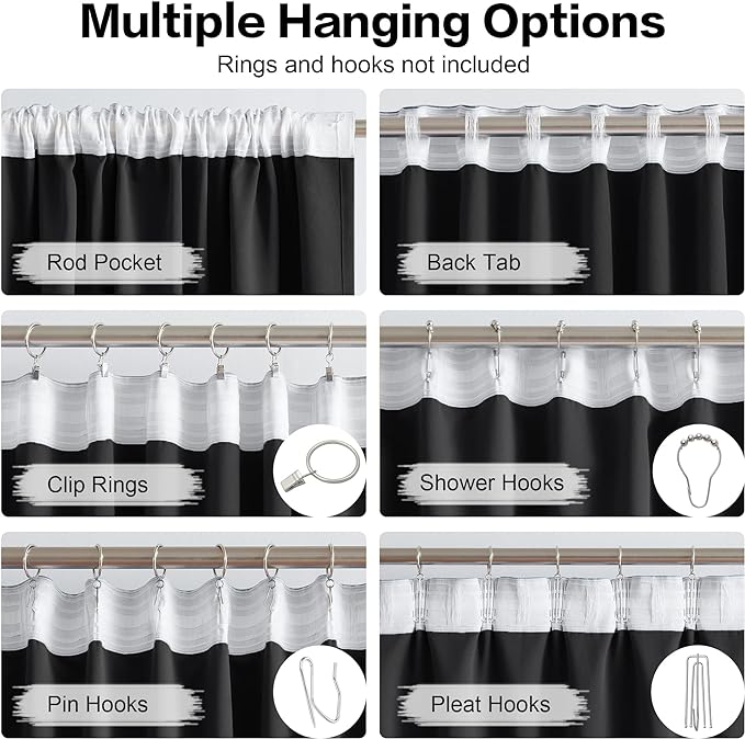 DUALIFE Black Blackout Thermal Insulated Curtains Heat Blocking Energy Saving Curtains 72 Inches Long 2 Panels Set Back Tab Rod Pocket