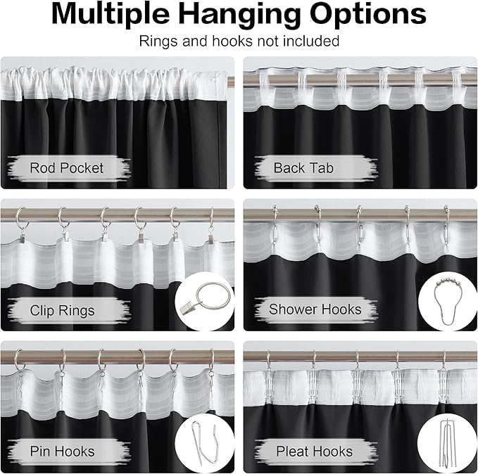 DUALIFE Pitch Black Blackout Curtains 63 Inch Length for Bedroom 2 Panels Set Insulated Dark Black Out Sun Blocking Window Cover Curtain 52x63 Inch