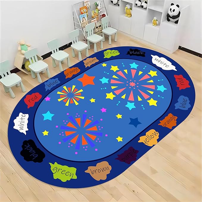 Kids Educational Rug, 4x6ft, Children's Area Rugs for Learning Colors and Shapes, Stars Firework Pattern Oval Rug for Classroom Playroom, Soft Non-Slip Blue Floor Mat for Boys Girls Bedroom