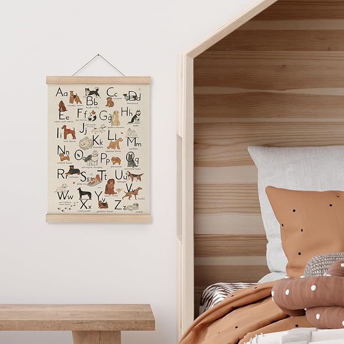 MAQIKA ABC Alphabet Chart Dog Poster Framed with Wood Hanger,Alphabet Banner, Alphabet Abc Poster for Toddlers,Kids Abc Hanging Wall Decor,Dog Breed Canvas Wall Art Paints for Classroom Nursery 12x16