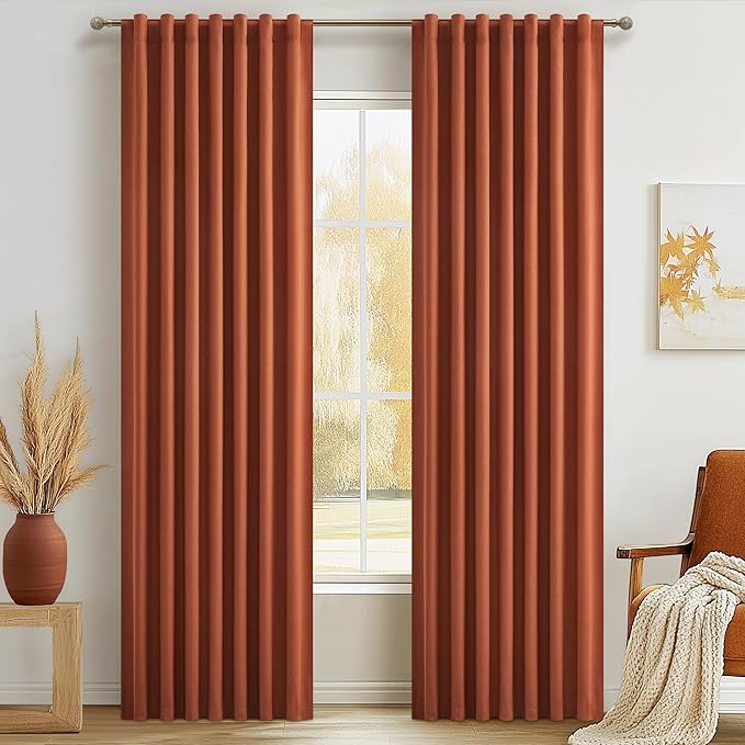 Fall Burnt Orange Curtains Blackout 90 Inches Long 2 Panels Set,Terracotta Autumn Color Decor Retro for Living Room/Bedroom Antique Copper Rust Boho 70s Window Pleated Linen Drapes Thermal (W50"xL90")