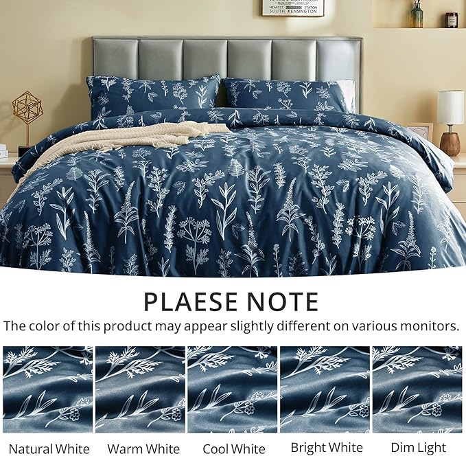 MUXHOMO Duvet Cover King Size, Reversible Floral Navy Duvet Cover Set with Zipper Closure, 3 Pieces Botanical Patterns Soft Microfiber Bedding Set (90"x104", 2 Pillow Cases 20"×36")