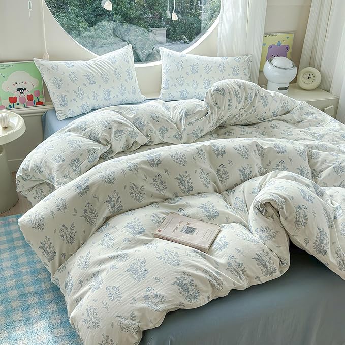 LifeTB Muslin Duvet Cover Set Full Vintage Botanical Floral Duvet Cover 100% Cotton Linen Feel Flower Bedding Set Super Soft Gauze Comforter Cover Breathable Lightweight Cottagecore Bedding Set