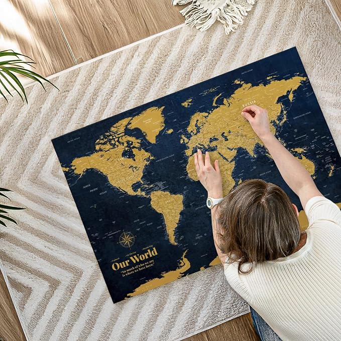 ElephantStock - Personalized Push Pin World Map - Gold Wall Art - Horizontal Canvas Wall Art - Living Room Wall Decor - Digital Art Map Canvas Art - Orange And Blue Decor - 39" x 26"