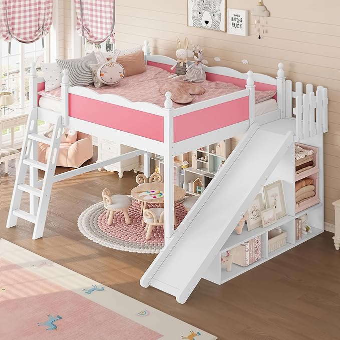 SOFTSEA Queen Size Loft Bed with Slide & Shelves, Kids Wood Loft Bed with Open Shelves and Cabinet, Playhouse Bed Frame with Detachable Slide and Ladder for Kids Girls, Pink + White
