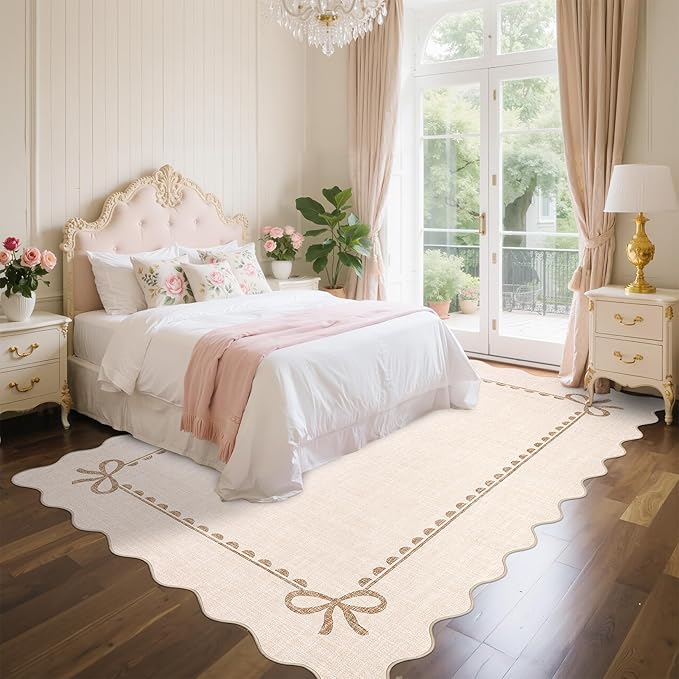 GarveeHome Scalloped Bow Rug for Living Room, Solid Beige Rug for Dorm, Washable Rugs 9x12 Soft Low Pile Non Slip Scalloped Rugs for Nursery College Bedroom Decor Kids Room Playroom