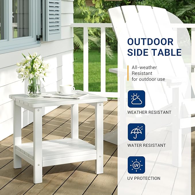 UDPATIO 2-Tier Side Table, 19x16x17.8 in, White, Adirondack End Table, Indoor & Outdoor Use
