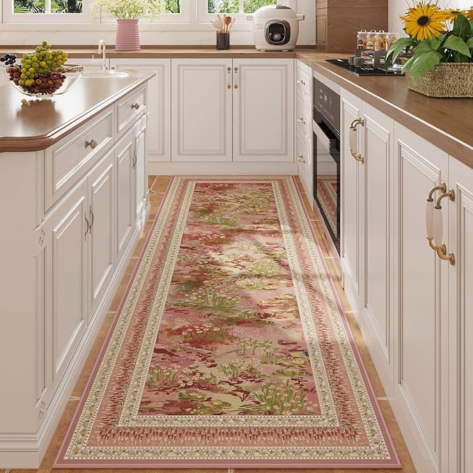 Rugcomf 2x6 Runner Rug Impressionist-Style Vintage Kitchen Rugs Non Slip Washable Soft Carpet Runner for Kitchen Laundry Bedroom Bathroom, Pink