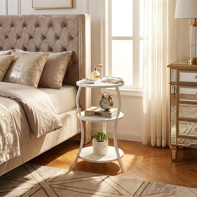 Vintage Small Round Side Table, 3-Tier Slim Waist Circular End Table with Storage Shelf, Compact Tea Sofa Table, Round Corner Coffee Table Nightstand for Living Room Bedroom Small Spaces,White