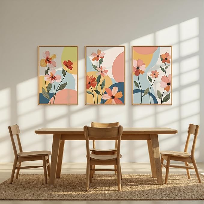 FWIEXA Colorful Flower Canvas Wall Art,Boho Flower Framed Wall Art Pink,Minimalist Wildflower Wall Decor,Abstract Floral Art Prints,Modern Orange Floral Artwork Daisy for Living Room Bedroom 24x36''x3