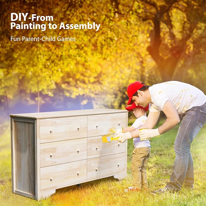 VINGLI 57" Unfinished Solid Wood Dresser for Color DIY, 6 Drawer Long Chest with Drawers, Natural Rubberwood, 57" W*17.7" D*33" H
