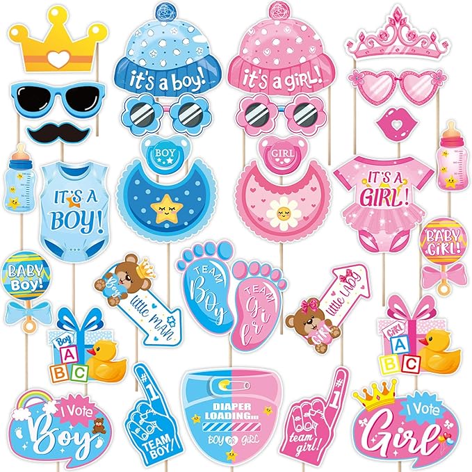 30PCS Gender Reveal Photo Booth Props,Baby Photo Booth Props,Gender Reveal Decorations,Guessing Baby Boy or Girl Sign Game Props Gender Reveal Party Favors Supplies