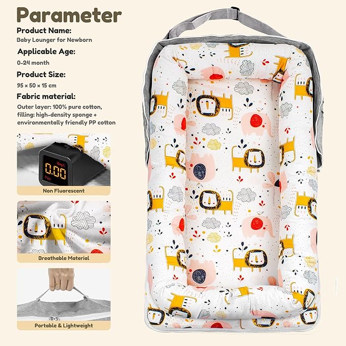 Baby Lounger & Nest for Newborn 0-24 Months, Baby Nest Supervised Breathable Cotton for Newborn, Newborn Essentials Gifts, Breathable Portable Infant Lounnger for Travel and Home(Animal)