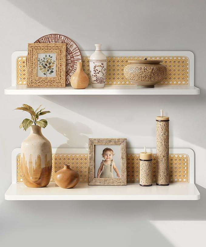Rattan Wall Shelf 24inch Set of 2, Handmade White Floating Shelves Boho Wall Decor, Rustic Wood Wall Mounted Storage Shelves for Living Room Nursery Bedroom