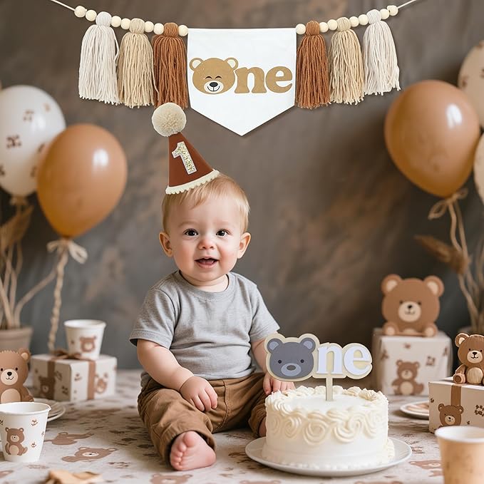 Bear Theme First One High Chair Banner For 1st Birthday Party Decorations With One Cake Topper