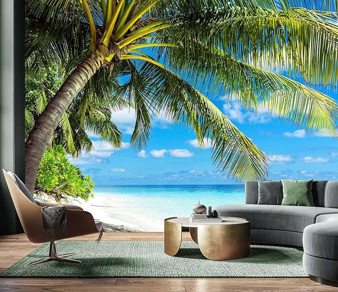 AFZEVEB-Beach Wall Mural Tropical Palm Tree Landscape Wallpaper for Bedroom 159"x107"(Not Peel and Stick)