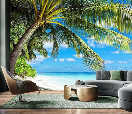 AFZEVEB-Beach Wall Mural Tropical Palm Tree Landscape Wallpaper for Bedroom 114"x74"(Not Peel and Stick)