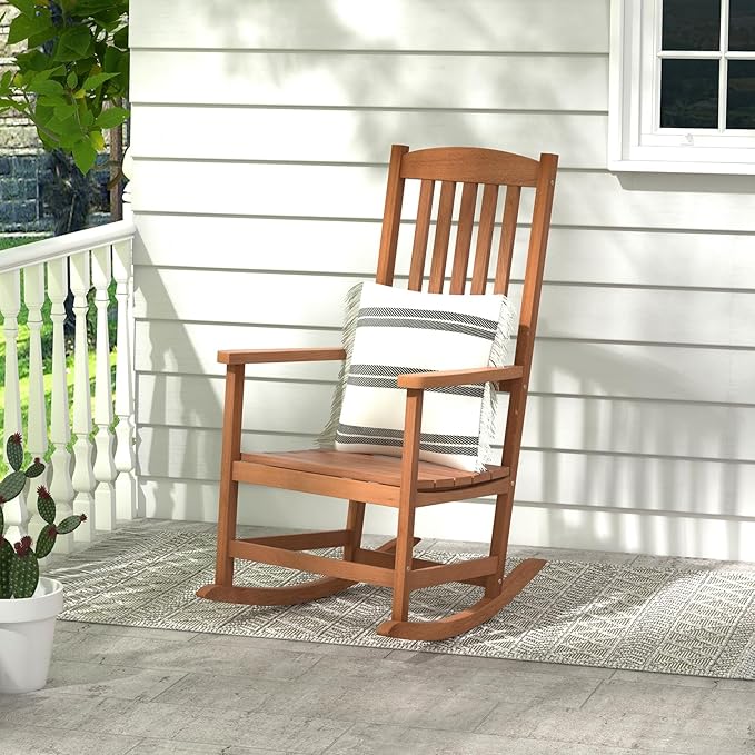 Giantex Outdoor Rocking Chair, High Back Patio Rocker w/Armrests, Hardwood Lounge Rocking Chair with Smooth Rocking Base & Slatted Design, Wood Porch Rocker for Backyard, Poolside (1, Natural)