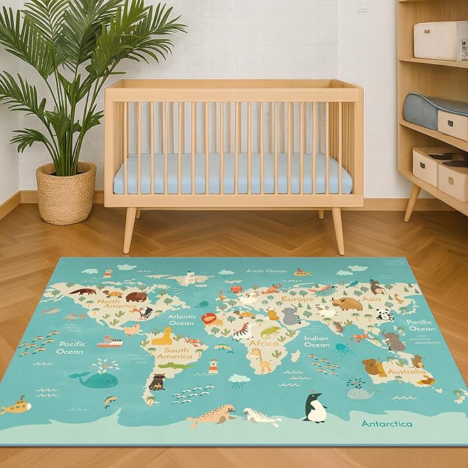 3x5 Animal World Map Rug for Kids Nursery – Soft Educational Play Mat with Cute Animals by Continent, Washable Stain Resistant Toddler Bedroom Rug - Blue