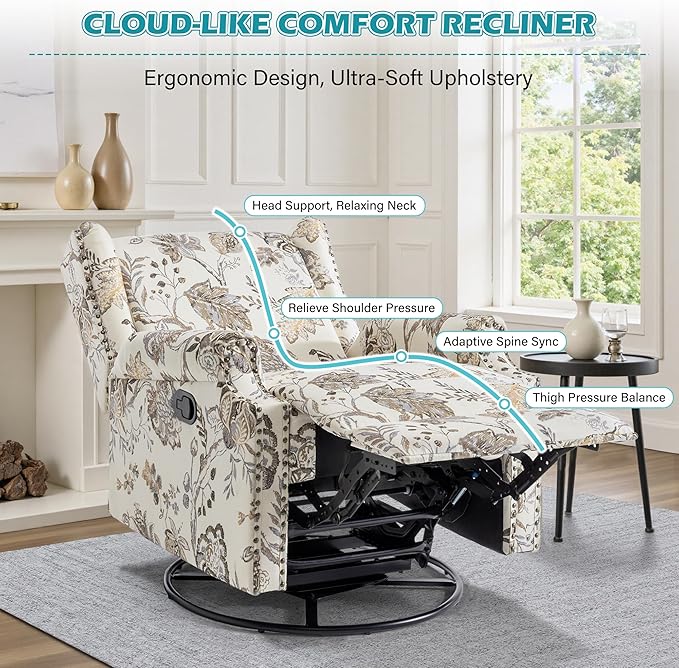 UIXE Floral Swivel Glider Recliner Chairs Set of 2, High Back Nursery Rocker Fabric Accent Chair for Living Room, Rivet Trim Upholstered Armchair Manual Reclining Sofa Seating - Beige Plants