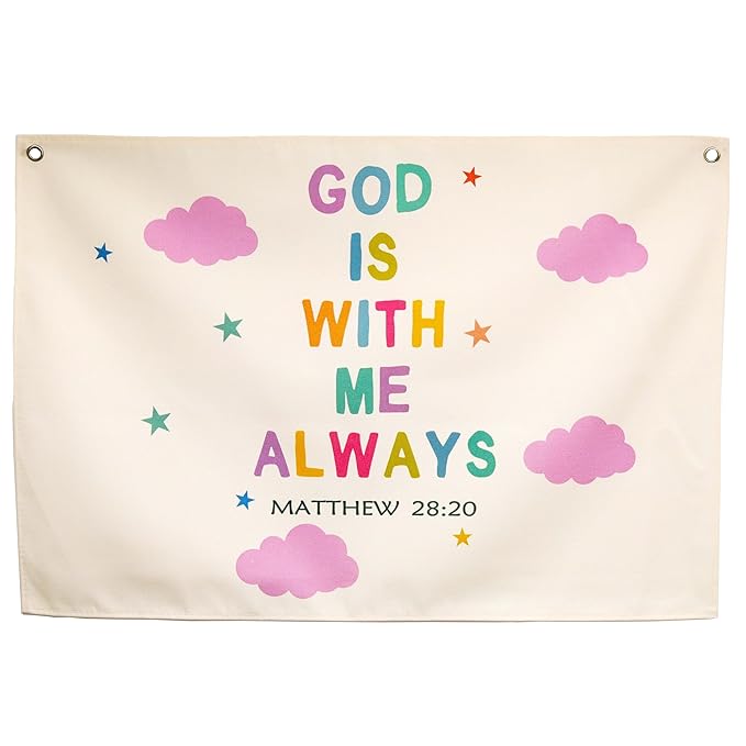 Christian Bible Verse Scripture Rectangular Banner Flag Wall Sign Decor Gift for Baby Girls-Nursery Baby Room Bedroom Decor-Baby,Shower Birthday Christmas Gift-God Is with Me Always