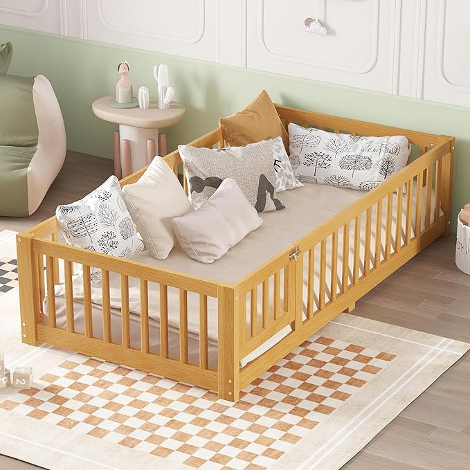 Harper & Bright Designs Twin Floor Bed Frame with Safety High Fence, Wood Montessori Bed with Door, Twin Size Floor Beds with Solid Wood Support Slats for Boys, Girls, Kids, Natural