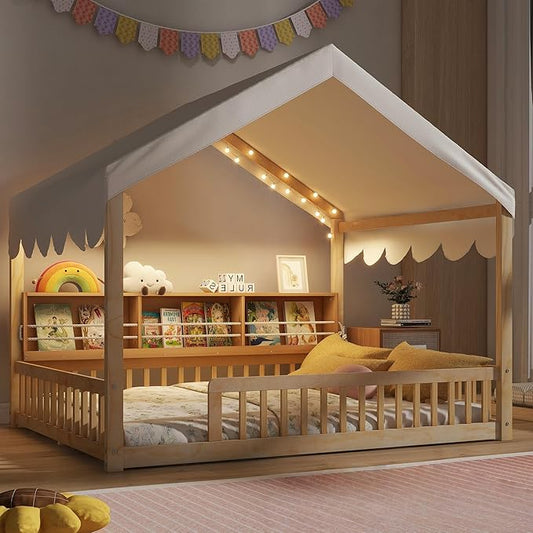 Merax Full Size Montessori Floor Bed for Kids Toddler, House Shaped Kids Full Bed Frame with Safety Guardrail, Curtain & Lights, Side Storage Bookshelves, Solid Wood Slats, Easy Assembly, Beign