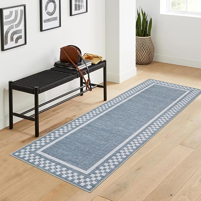 Rug Runners for Hallways 2x8 Washable Kitchen Runner Rug Non Slip Low Pile Bedside Throw Carpet Modern Bordered Bathroom Runners Checkered Area Rug for Living Room Bedroom Entryway Nursery, Blue