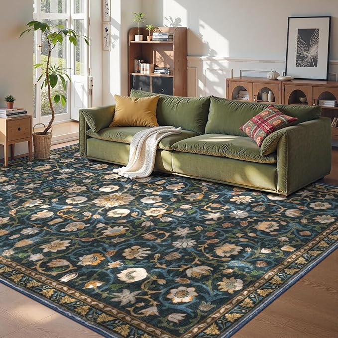 Anidaroel Floral Living Room Rugs 8x10, Washable Large Area Rug for Dining Room Soft Boho Bedroom Rug, Vintage Dark Green Carpet Low Pile Stain Resistant Floor Carpet for Home Office