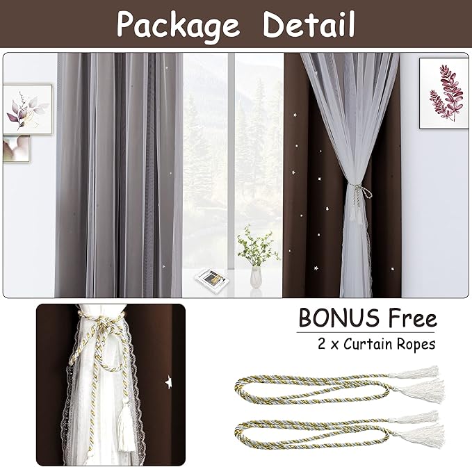 Kinryb Star Cutout Blackout 95 Inches Curtains Double Layer with Sheer Overly Curtains for Bedroom Thermal Insulated Window Treatment Set with 2 Free Tiebacks (52W x 95L 2 Panels Chocolate)