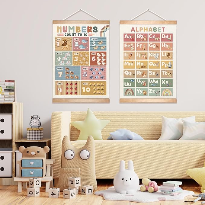 Kids Alphabet and Numbers Educational Chart Set of 2 for Classroom Decor,Colorful Educational Poster for Toddlers 1-3,Toddler Learning Poster for Kids Ages 3-5 for Nursery Playroom,Classroom Must Haves 14x18.5Inch(Colorful-01)